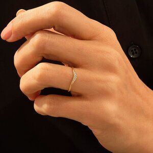 14k Solid Gold Minimalist Curved Ring with Tiny Pave Cz